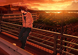Anime Boy Leaning on Bridge Railing at Sunset with Headphones HD wallpaper