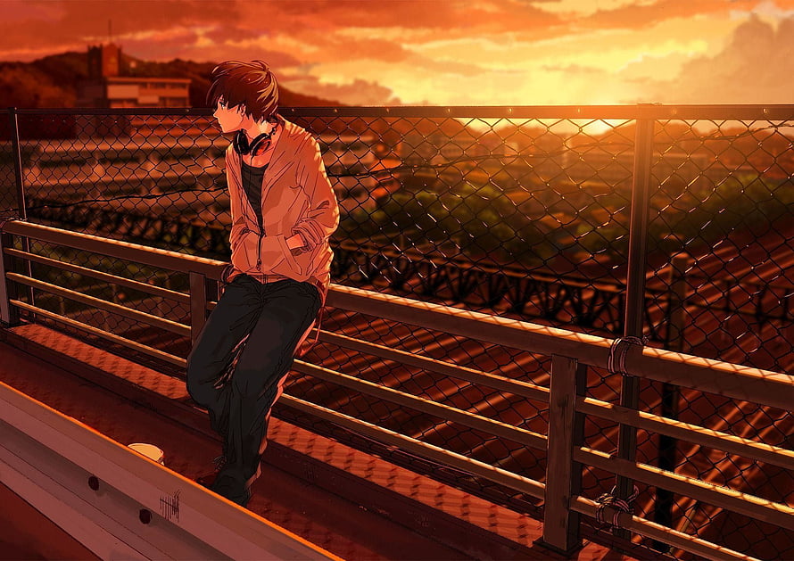 Anime Boy Leaning on Bridge Railing at Sunset with Headphones HD wallpaper