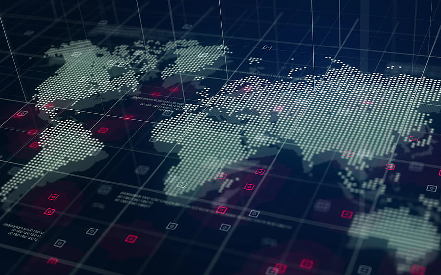 Futuristic Digital World Map with Holographic Grid and Data Nodes HD wallpaper