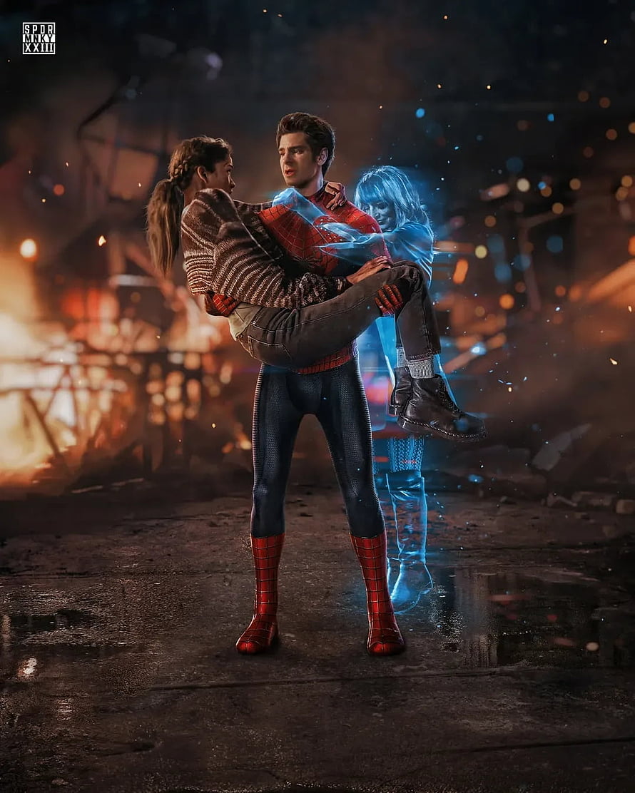 Spider-Man Carrying Mary Jane Amidst Fire and Ghostly Gwen Stacy, Spiderman Andrew, Spiderman-Andrew, SPIDERMAN-SAD HD phone wallpaper