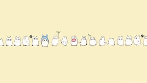 Cute Totoro and Chibi Friends Lineup on Pastel Yellow Background HD wallpaper