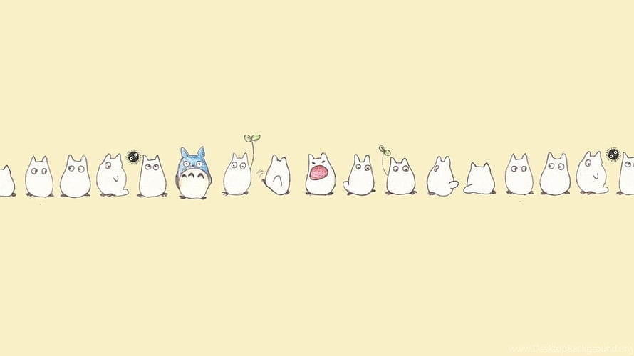 Cute Totoro and Chibi Friends Lineup on Pastel Yellow Background HD wallpaper