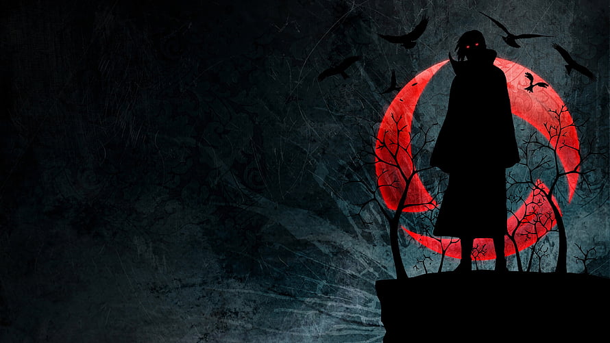 Silhouette of a mysterious hooded figure with glowing red eyes standing on a cliff against a large red moon with crows flying HD wallpaper
