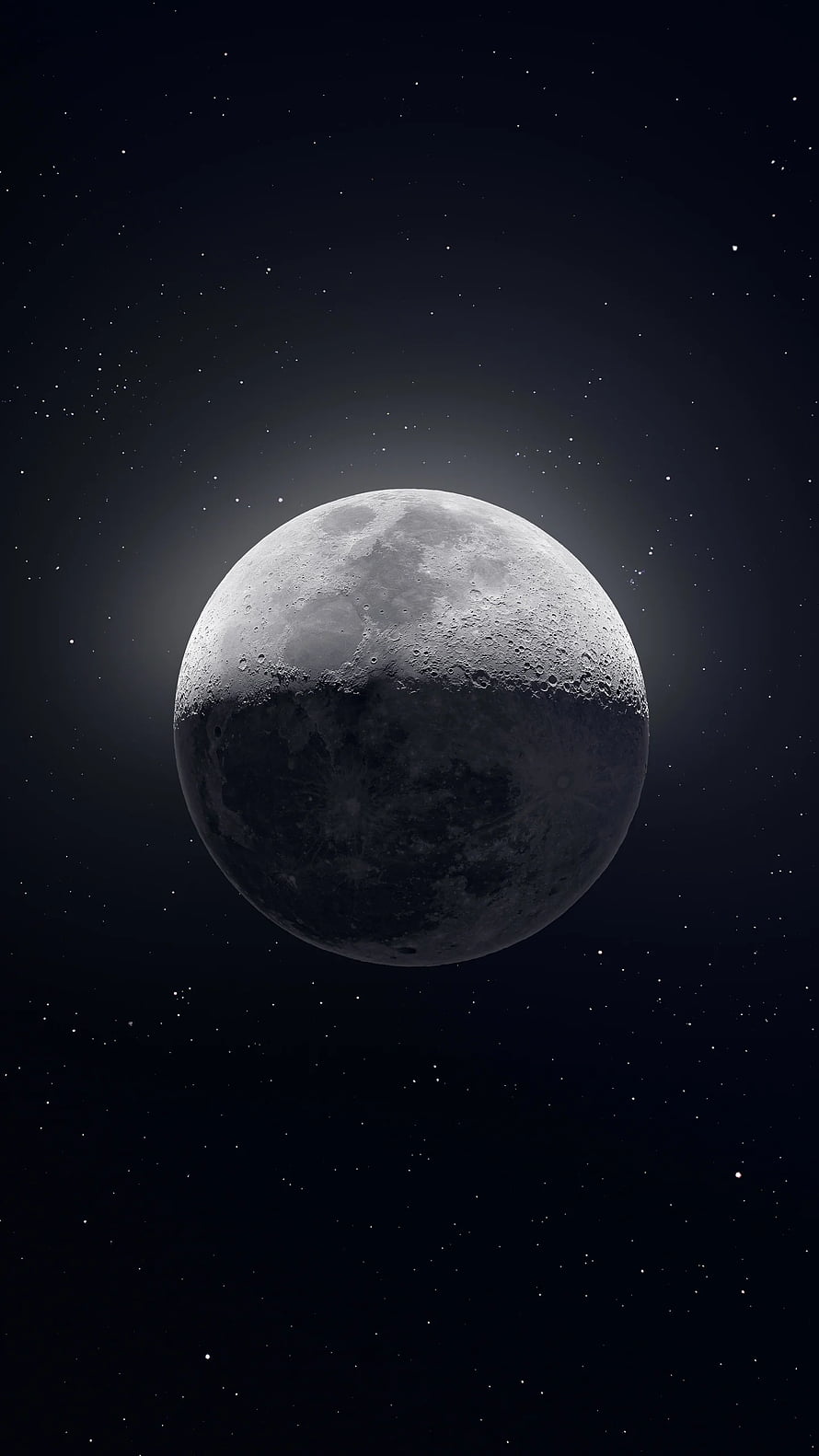 Realistic Half Moon Phase in Deep Space with Craters and Starry Background HD phone wallpaper