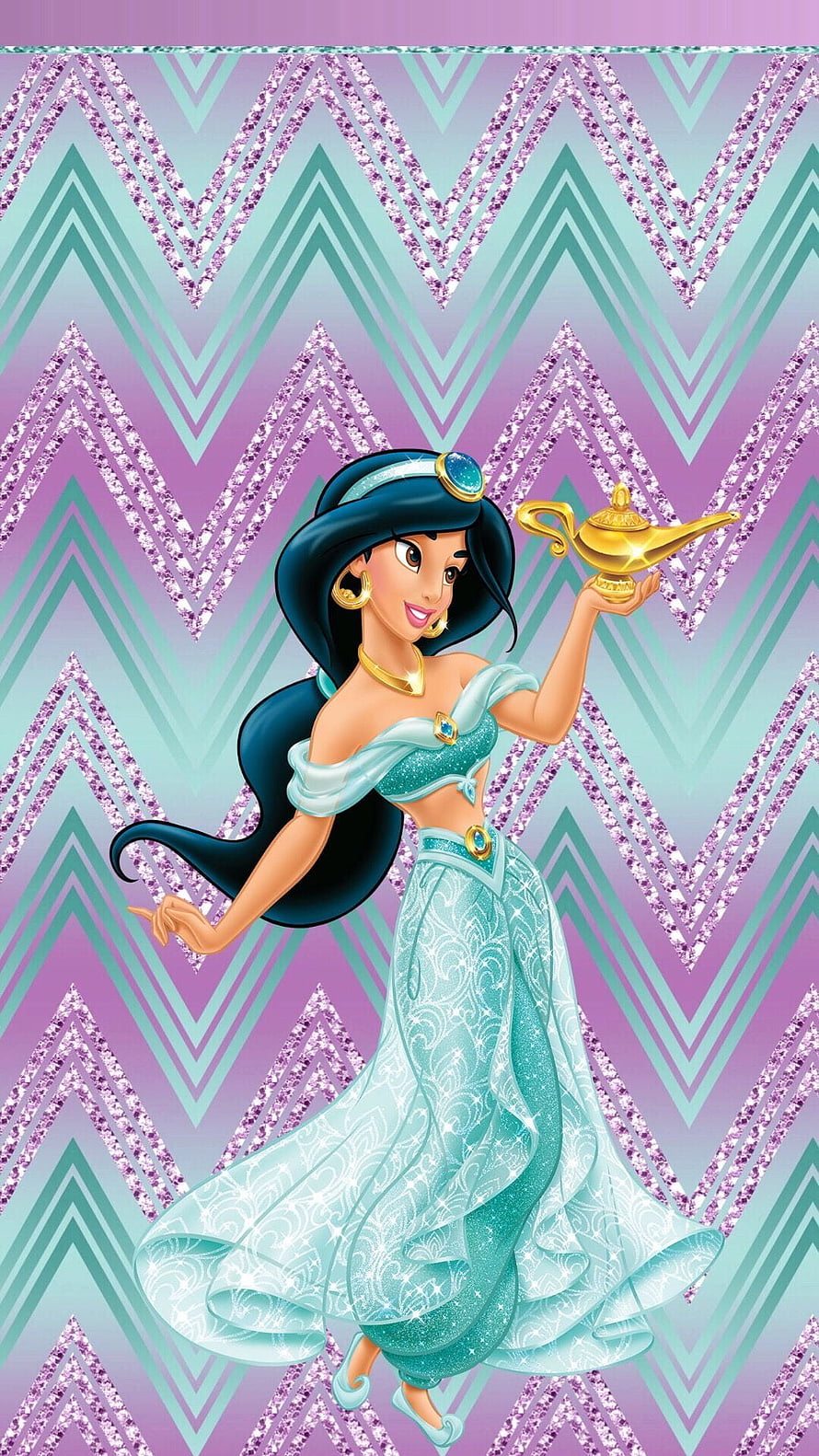 Disney Princess Jasmine Holding Magic Lamp on Sparkling Chevron Pattern Background HD phone wallpaper
