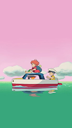 Ponyo and Sosuke on a Small Boat in Studio Ghibli Animation HD phone wallpaper