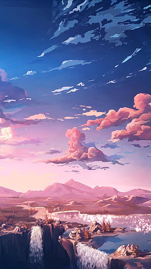 Anime Style Fantasy Landscape With Pink Clouds, Waterfalls, And Sparkling Lake At Sunset HD phone wallpaper