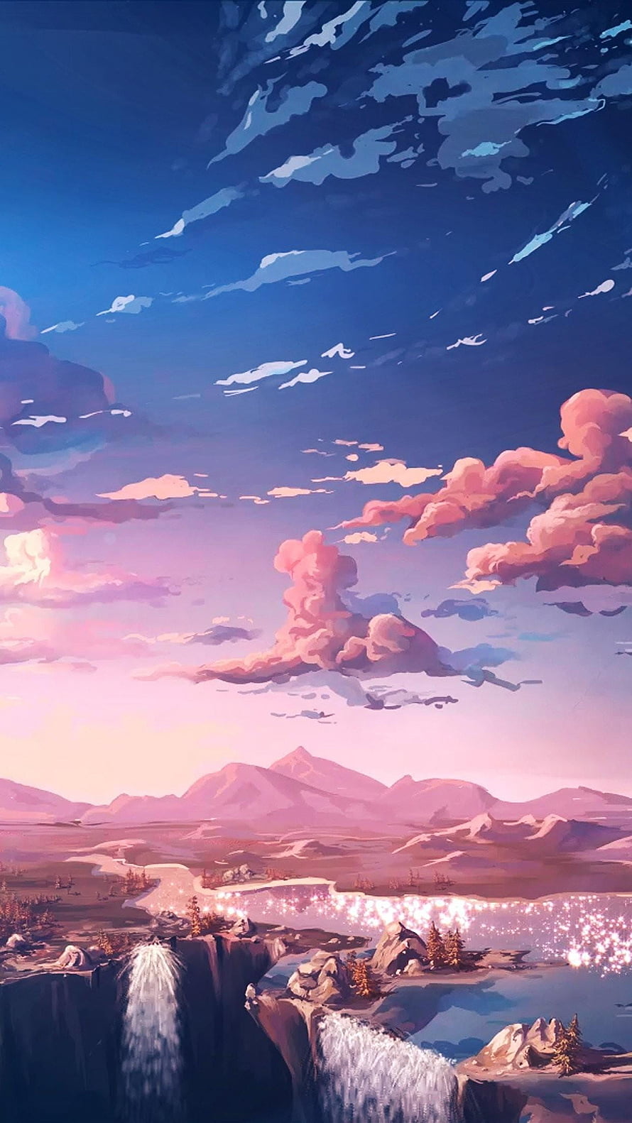 Anime Style Fantasy Landscape With Pink Clouds, Waterfalls, And Sparkling Lake At Sunset HD phone wallpaper