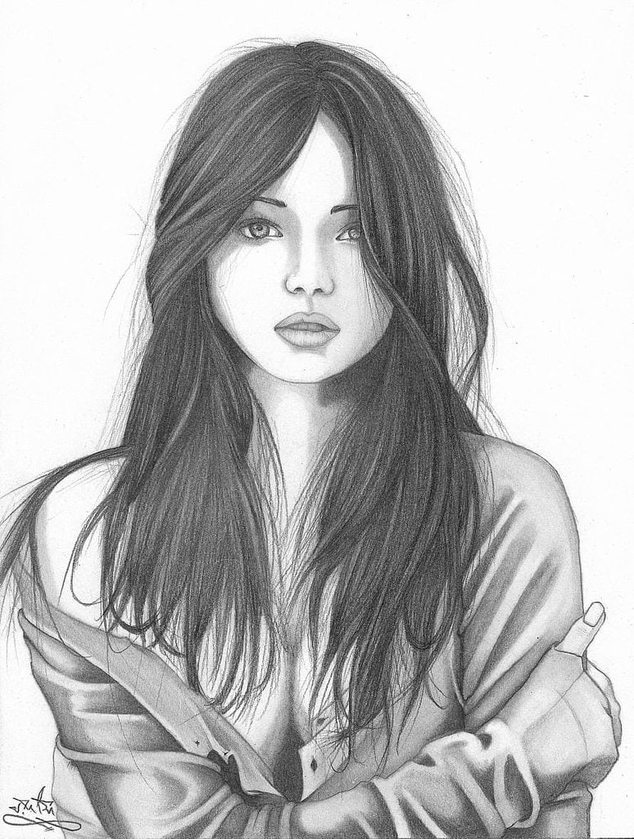 Realistic Charcoal Portrait of a Young Woman with Long Hair and Crossed Arms, Beautiful Girl Sketch . Muhammad Zakky. Muhammad Hanafi, Charcoal Sketch of A Woman HD phone wallpaper