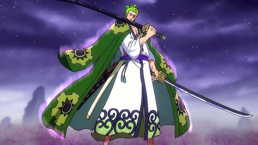 Roronoa Zoro Wano Arc Anime Character with Dual Swords and Green Cape HD wallpaper