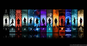 Doctor Who Twelve Silhouettes Across Colorful Sci-Fi Backdrops HD wallpaper