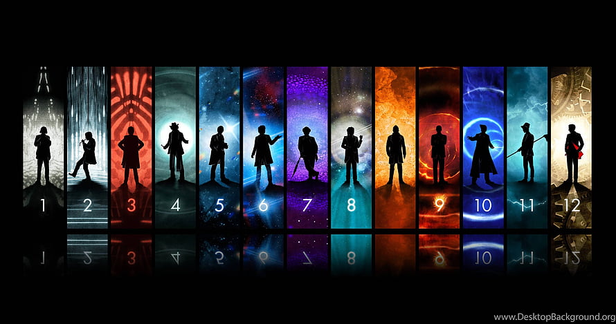 Doctor Who Twelve Silhouettes Across Colorful Sci-Fi Backdrops HD wallpaper