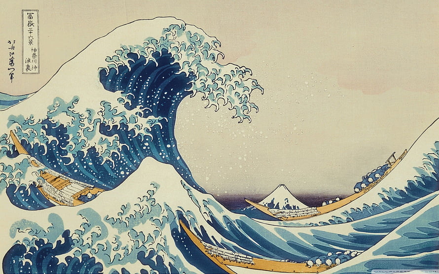 The Great Wave off Kanagawa by Hokusai with Mount Fuji and Fishing Boats HD wallpaper