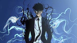 Sung Jin Woo from Solo Leveling with glowing eyes and dark energy tendrils in a blue-toned anime illustration HD wallpaper