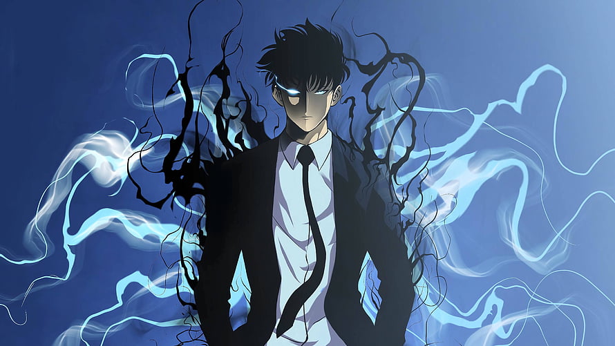 Sung Jin Woo from Solo Leveling with glowing eyes and dark energy tendrils in a blue-toned anime illustration HD wallpaper