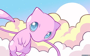 Mew Pokemon Floating Among Pastel Clouds and Moon HD wallpaper