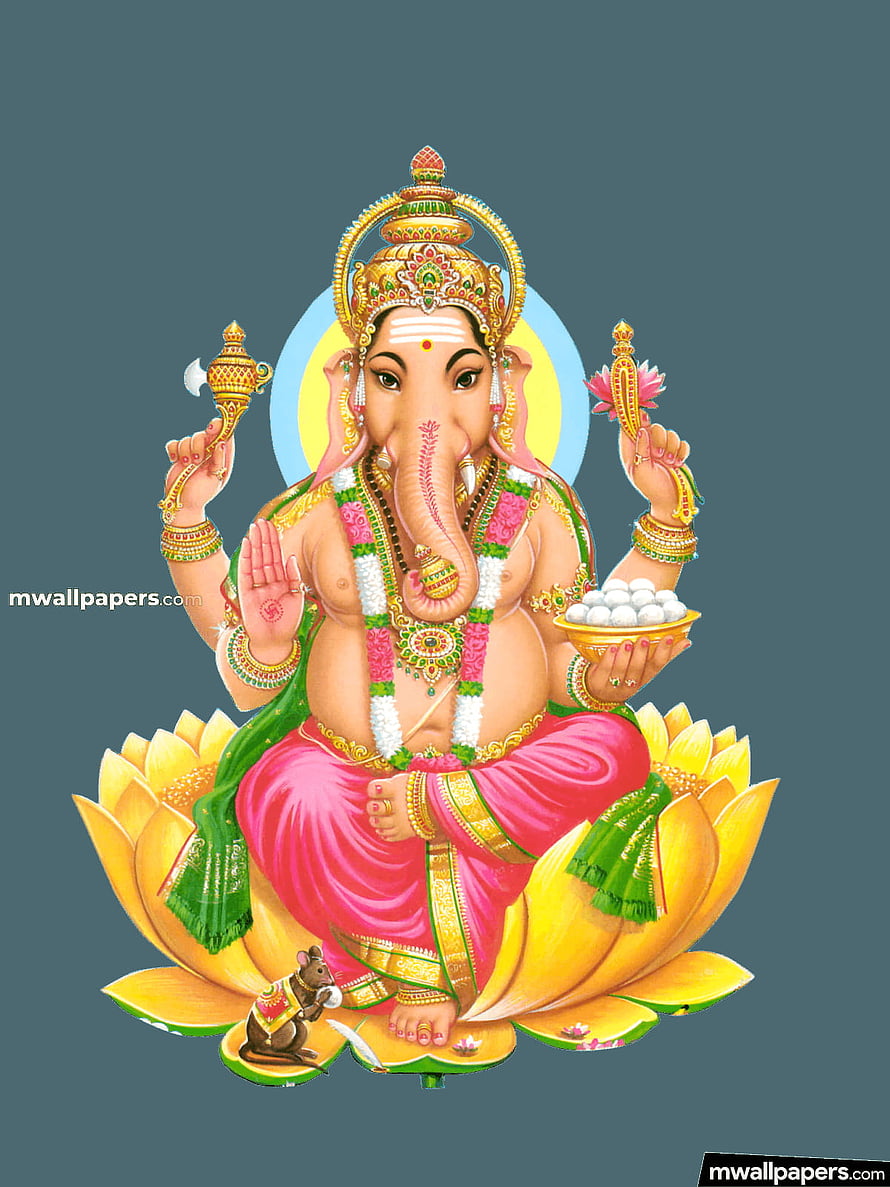 Ganesha Seated on Lotus with Mouse Vahana in Traditional Indian Art Style HD phone wallpaper