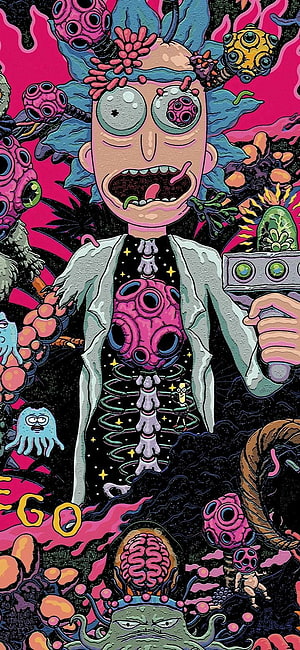 Rick Sanchez psychedelic trippy art with exposed alien organs and cosmic surreal background HD phone wallpaper