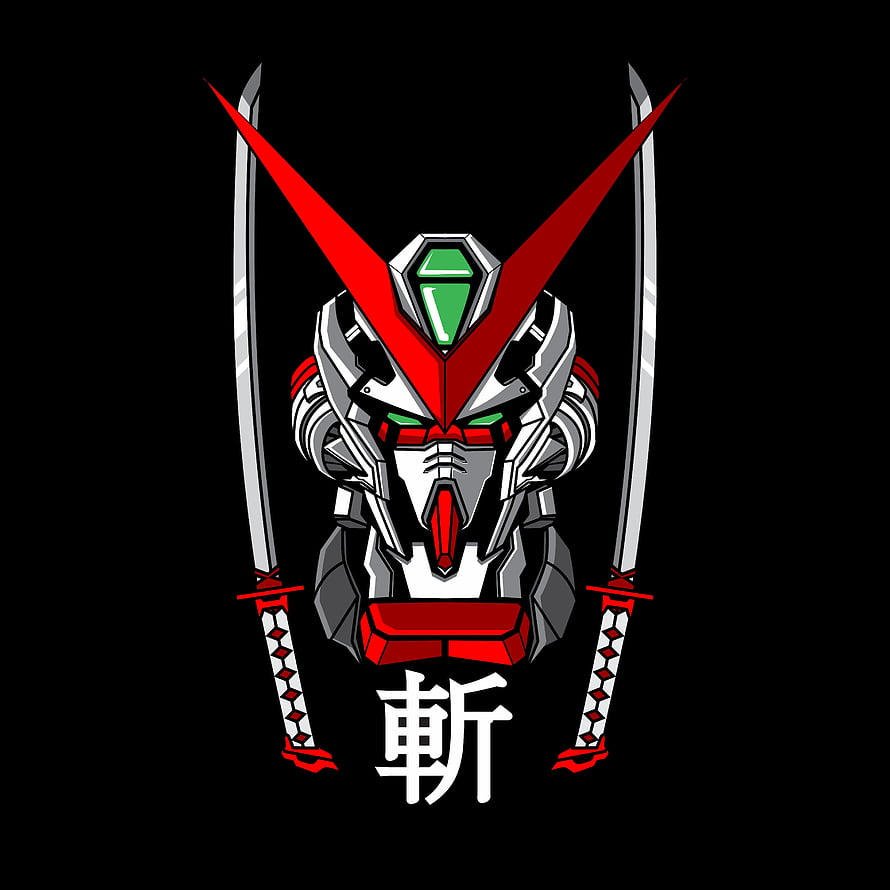 Gundam Samurai Warrior Head Logo with Dual Katana Swords and Japanese Kanji Character HD phone wallpaper