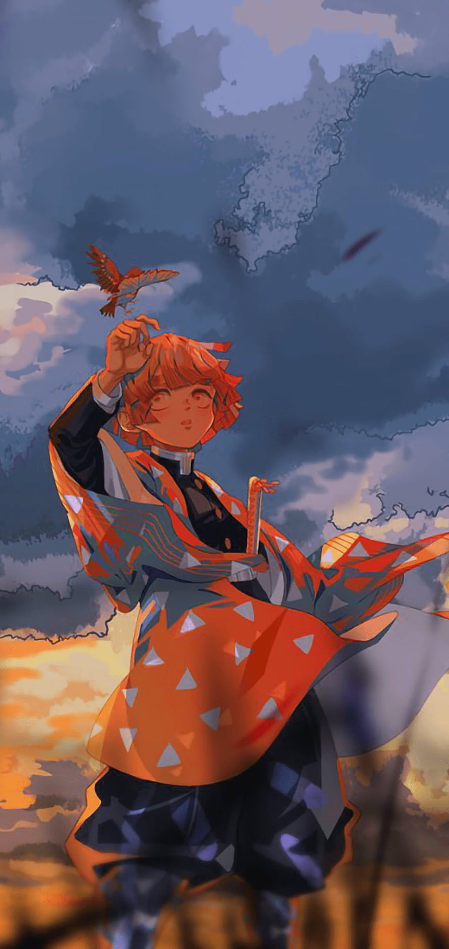 Zenitsu Agatsuma from Demon Slayer in a dramatic sunset sky with a flying bird HD phone wallpaper