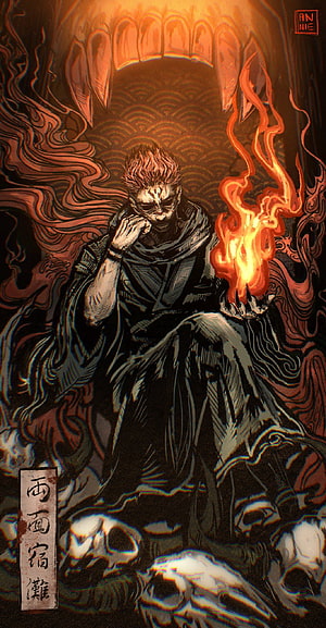 Sosuke Aizen from Bleach sitting on a throne of skulls with fire and giant teeth background HD phone wallpaper