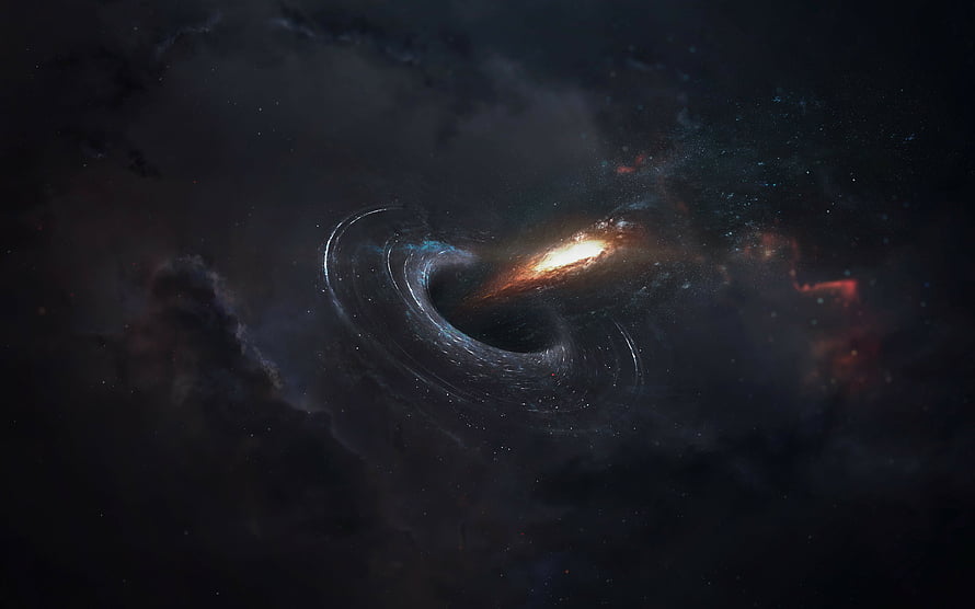 Cosmic Black Hole with Glowing Accretion Disk and Nebula Clouds in Deep Space HD wallpaper