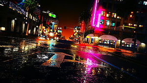 Grand Theft Auto V Neon City Street at Night with Wet Road Reflections HD wallpaper