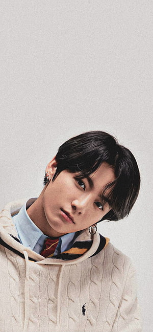 Stunning Portrait of BTS Member V in Cream Cable Knit Hoodie and Striped Scarf HD phone wallpaper