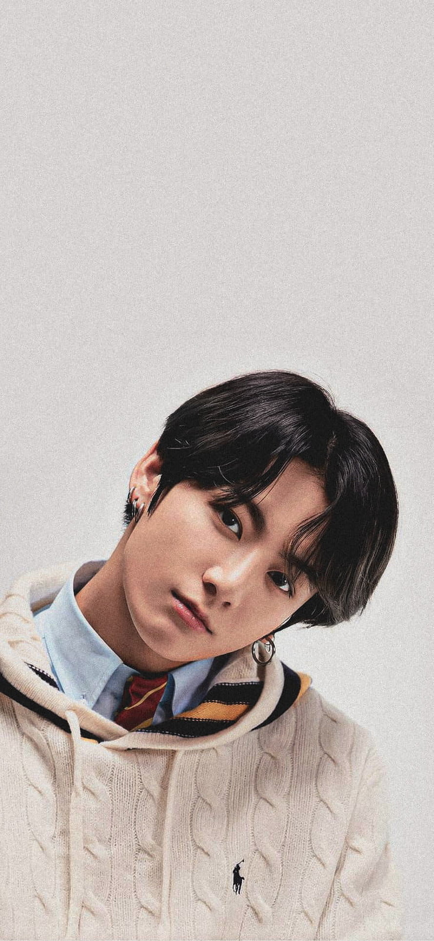 Stunning Portrait of BTS Member V in Cream Cable Knit Hoodie and Striped Scarf HD phone wallpaper
