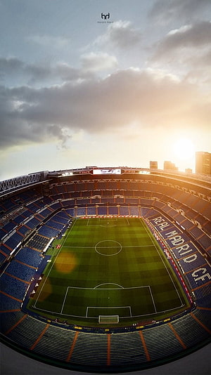 Santiago Bernabeu Stadium Interior at Sunset with Real Madrid Seating HD phone wallpaper