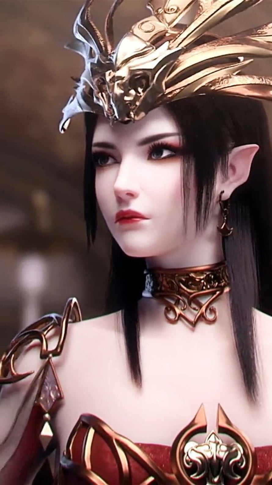 Fantasy Elf Queen Portrait with Golden Crown and Red Armor HD phone wallpaper