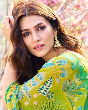 Kriti Sanon Portrait in Vibrant Green Floral Outfit with Gold Jewelry HD phone wallpaper