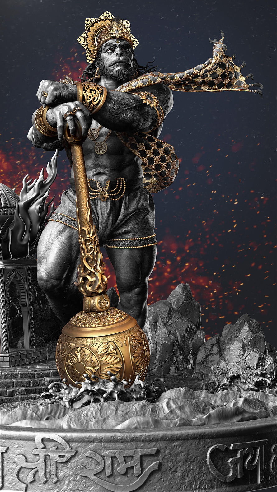 Hanshan Hei Tang San Tai Zi Black Demon King Statue with Golden Mace and Ornate Crown HD phone wallpaper