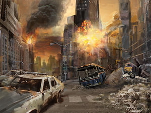 Post-Apocalyptic Cityscape with Burning Buildings and Wrecked Vehicles HD wallpaper