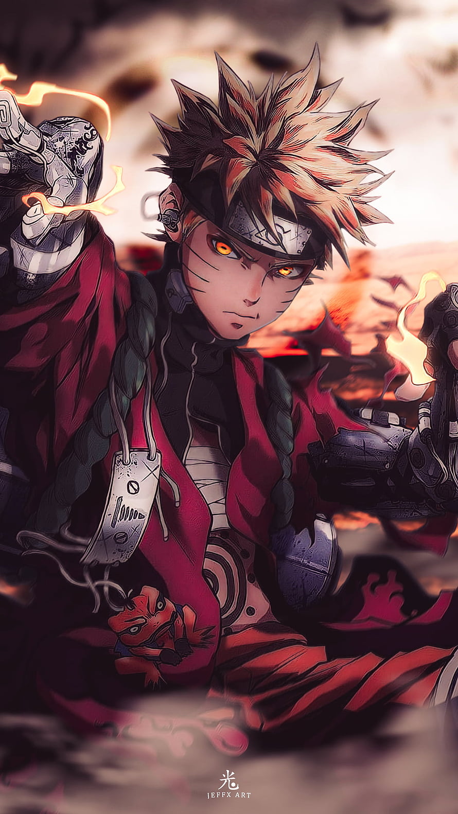 Naruto Uzumaki in Baryon Mode with glowing orange eyes and red cloak anime wallpaper HD phone wallpaper