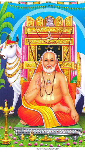 Sri Raghavendra Swami Hindu Saint Portrait with White Bull Nandi HD phone wallpaper