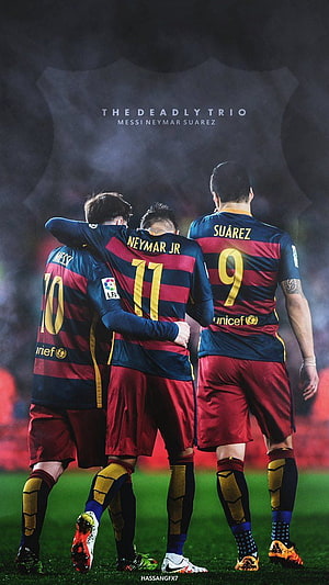 MSN Trio: Messi, Neymar, and Suarez in Barcelona Striped Kits HD phone wallpaper