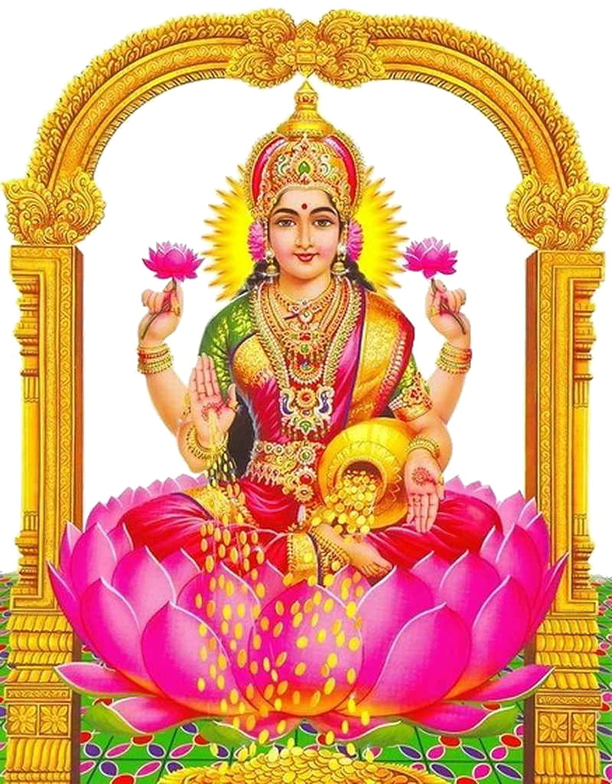 Goddess Lakshmi Sitting on Lotus with Gold Coins and Pot of Wealth HD phone wallpaper