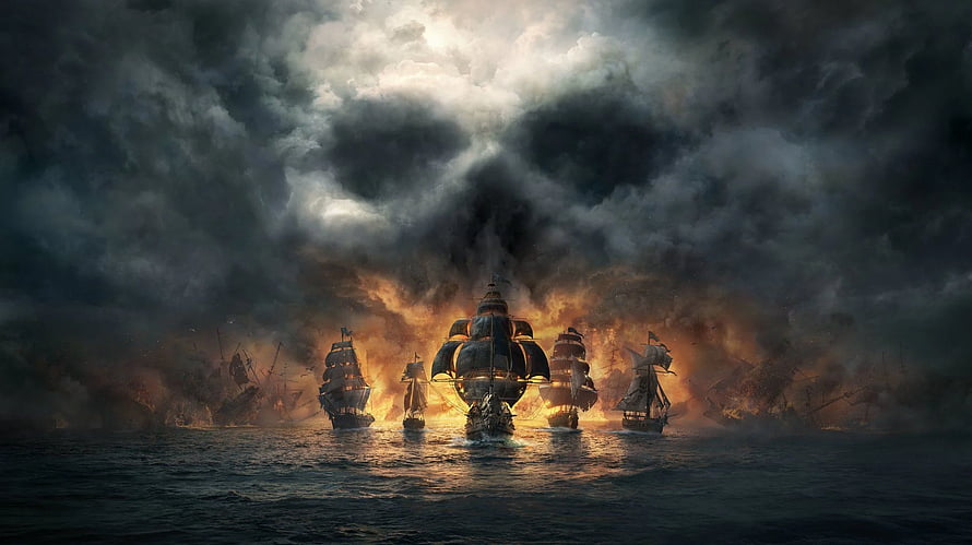 Pirates of the Caribbean Fleet Sailing Through Stormy Seas Amidst Dramatic Clouds HD wallpaper