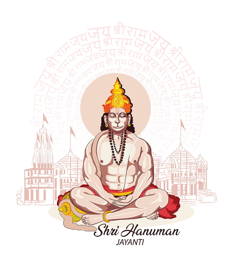Shri Hanuman Jayanti Meditation Illustration with Temple Background and Sanskrit Mantra, Happy Hanuman Jayanti 2021: , Wishes, WhatsApp Messages and Quotes to Share With Your Loved Ones, Hanuman Meditation HD phone wallpaper