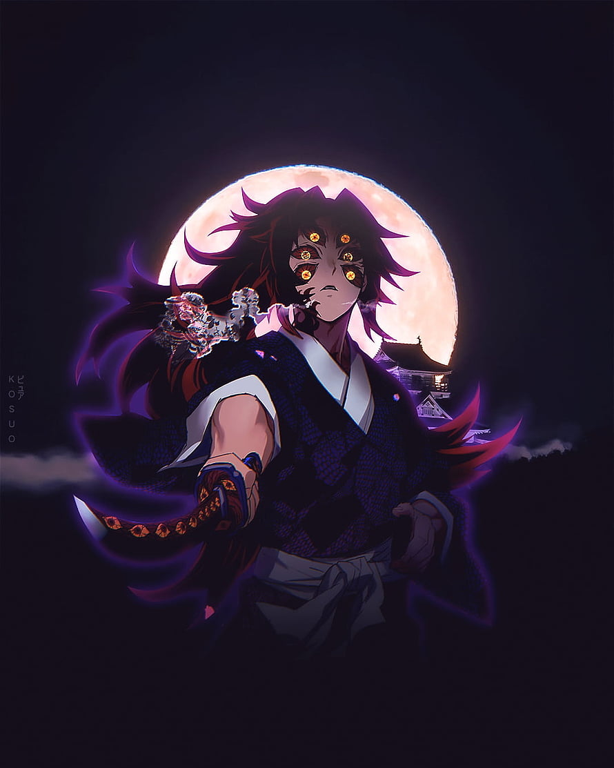 Kokushibo from Demon Slayer Standing Before a Full Moon with Six Eyes and Katana HD phone wallpaper