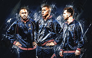 PSG Trio Neymar Mbappe Messi in Navy Track Jackets Grunge Artwork HD wallpaper