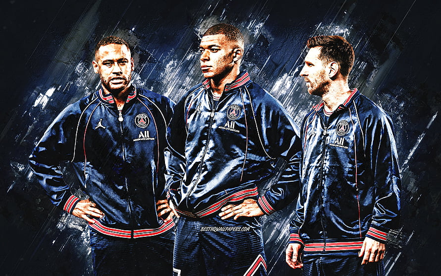 PSG Trio Neymar Mbappe Messi in Navy Track Jackets Grunge Artwork HD wallpaper