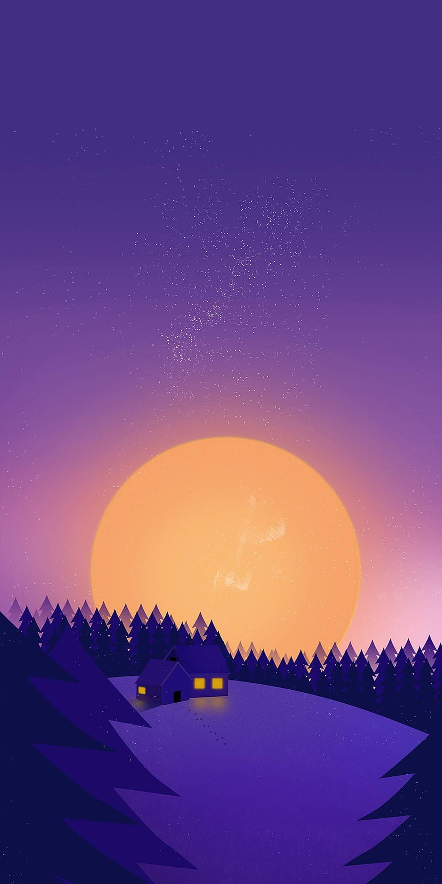 Minimalist Winter Night Scene with Cozy Cabin, Full Moon, and Starry Sky HD phone wallpaper