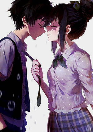 Romantic Anime Couple Forehead Touch in Rain with School Uniforms HD phone wallpaper