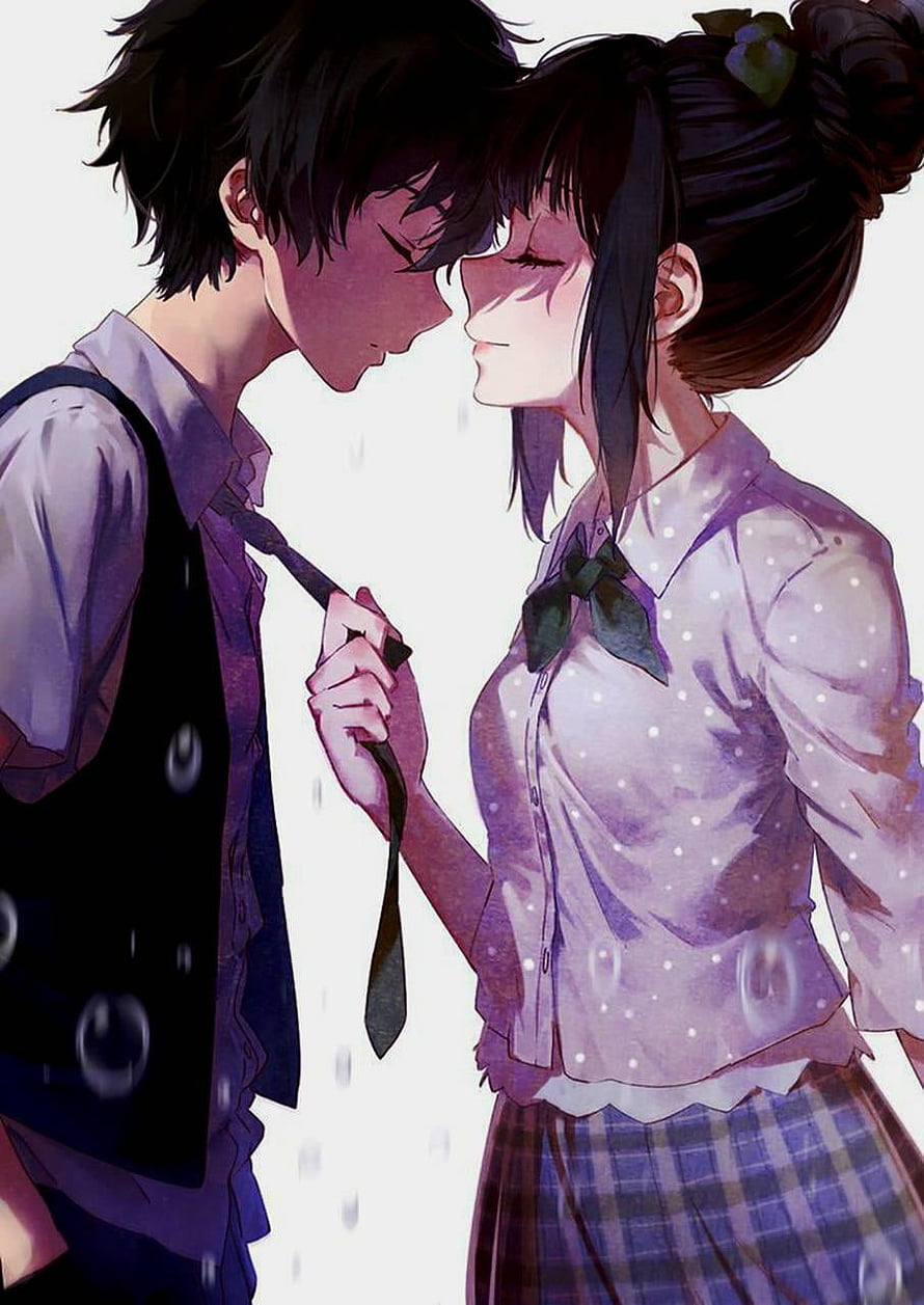 Romantic Anime Couple Forehead Touch in Rain with School Uniforms HD phone wallpaper