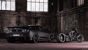 Matte Black Ferrari 599 GTB and Custom Trike Motorcycle in Industrial Warehouse HD wallpaper