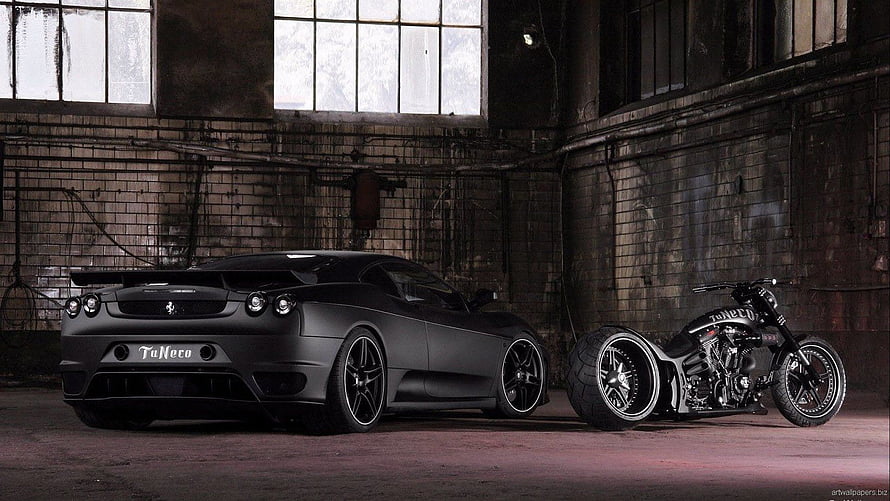 Matte Black Ferrari 599 GTB and Custom Trike Motorcycle in Industrial Warehouse HD wallpaper