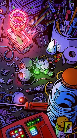 Neon-lit cyberpunk workshop with small robots, glowing crystals, and scattered tech tools in a vibrant digital illustration HD phone wallpaper