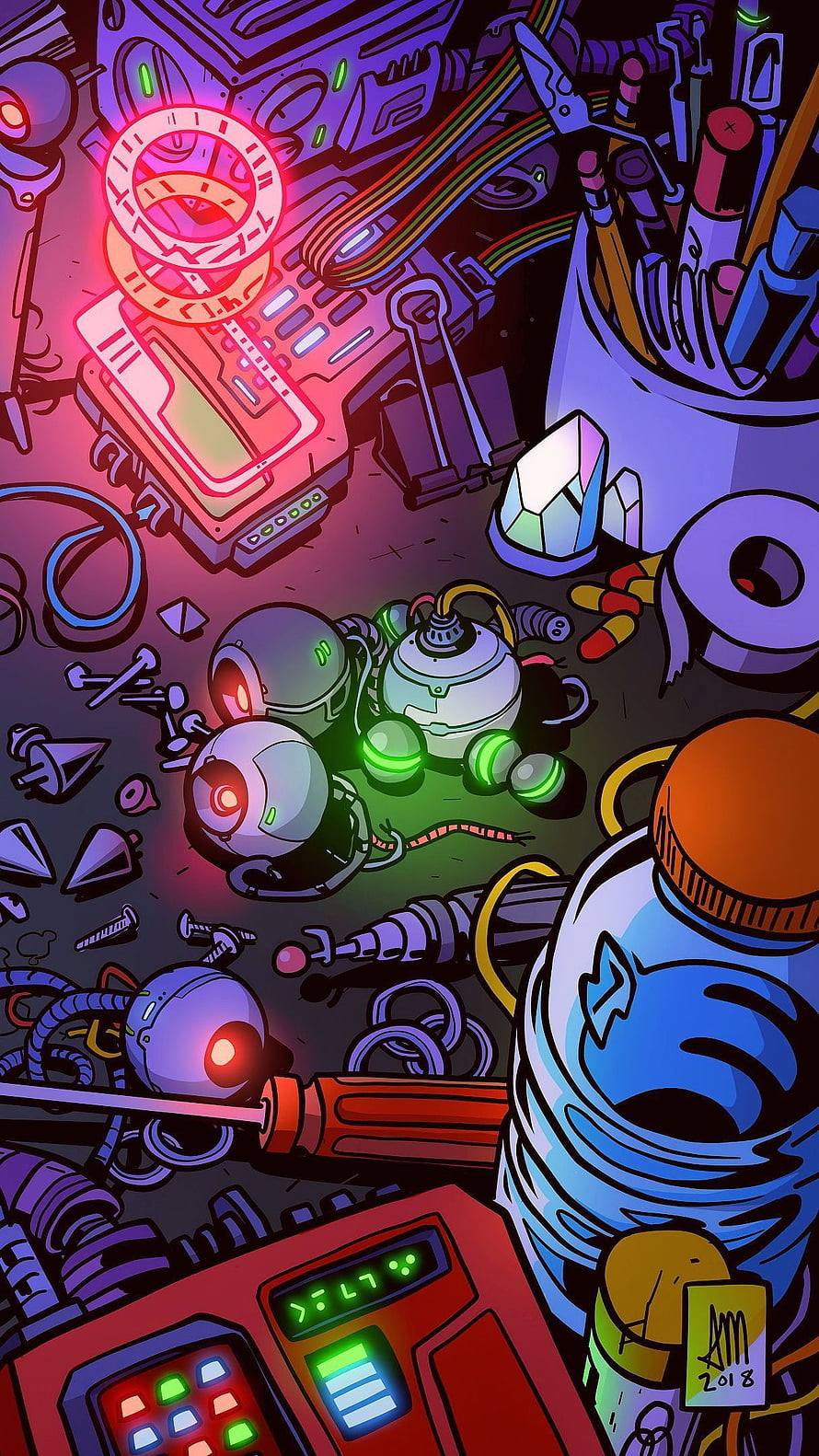 Neon-lit cyberpunk workshop with small robots, glowing crystals, and scattered tech tools in a vibrant digital illustration HD phone wallpaper